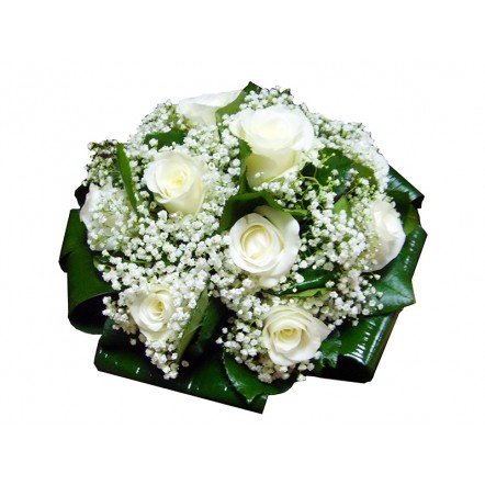 Buchet mireasa trandafiri albi si floarea miresei